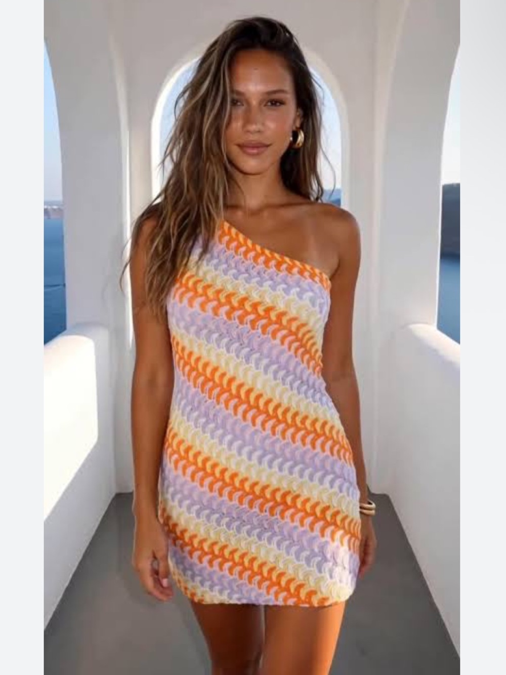 Alter’d State One-Shoulder Crochet Mini Dress in Orange, Lavender & Cream